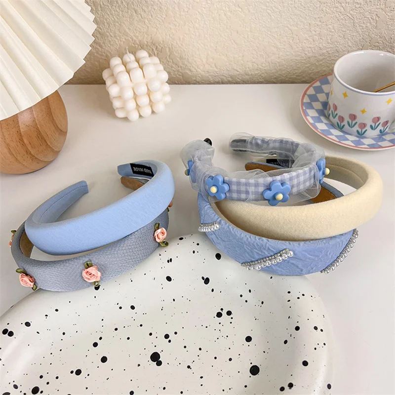 UXSL Fashion Blue Mesh Pearl Flowers Headband Women Elegant Hair Band Hair Decoration Girl Sweet Wide Hair Hoop Hair Accessories