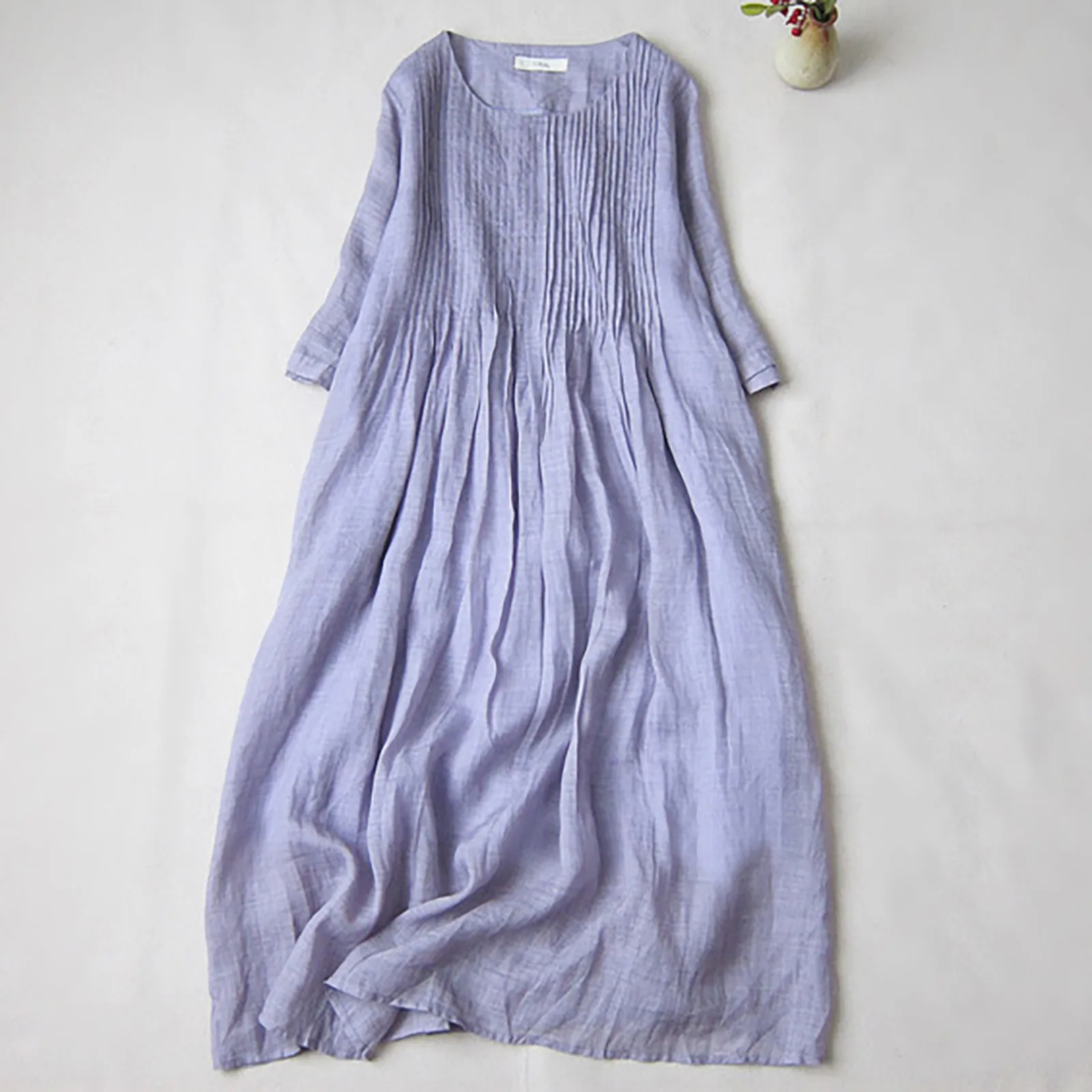 Summer Cotton Linen Comfy Dress Female Half Sleeve O Neck Loose Maxi Dress Plead Soft Home Dresses Long Female Robe Vestidos