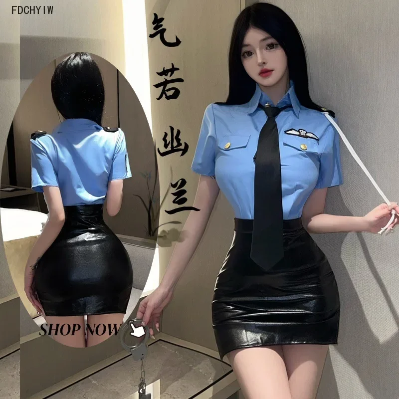 

Sexy Policewoman Cosplay Instructor Top Leather Skirt Temptation Passion Stewardess Costumes Roleplay Nightclub Women's Lingerie