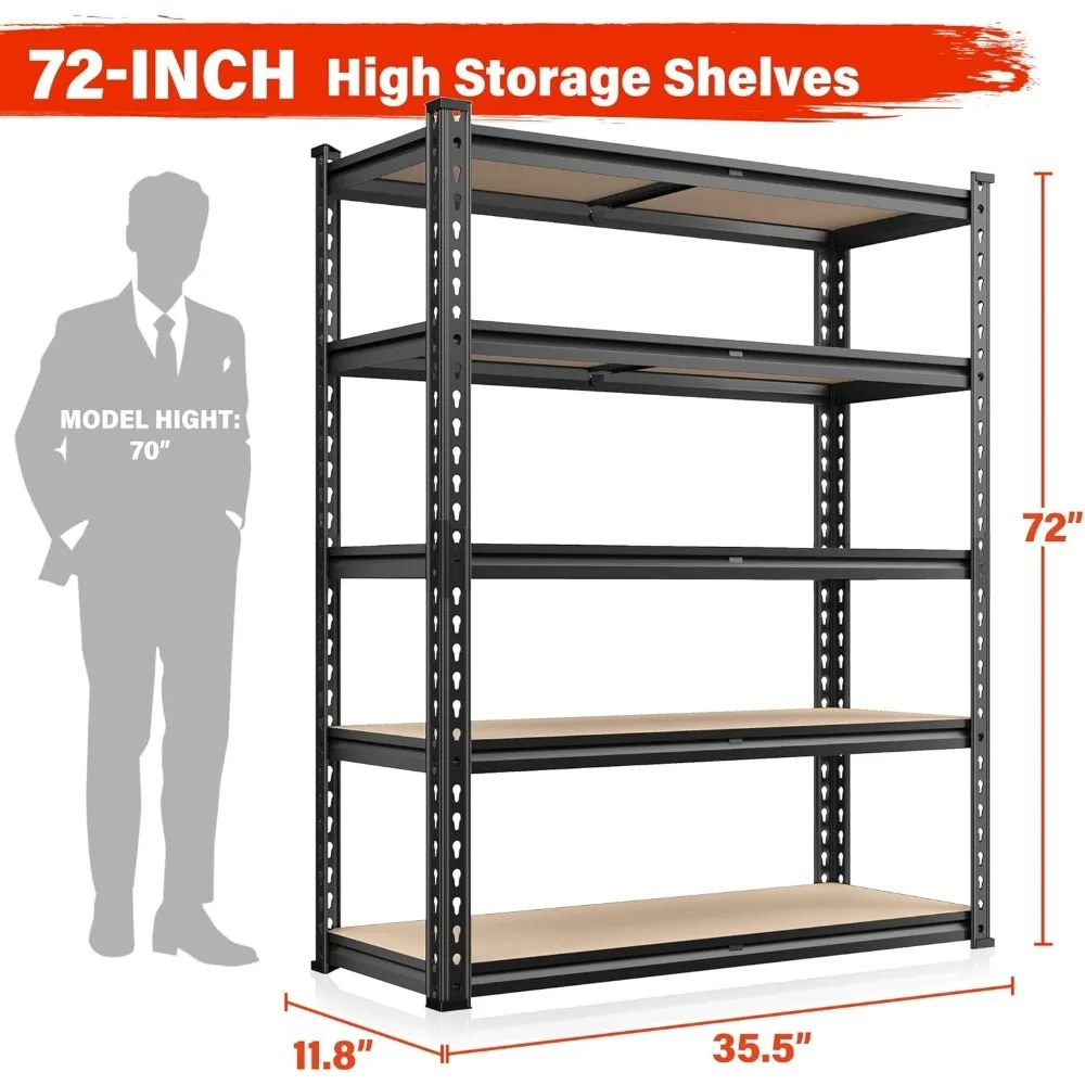نسخة مطورة - رفوف جراج مقاس 72 بوصة، أرفف تخزين شديدة التحمل 2000 رطل، وحدة رفوف معدنية مكونة من 5 طبقات، تخزين جراج قابل للتعديل