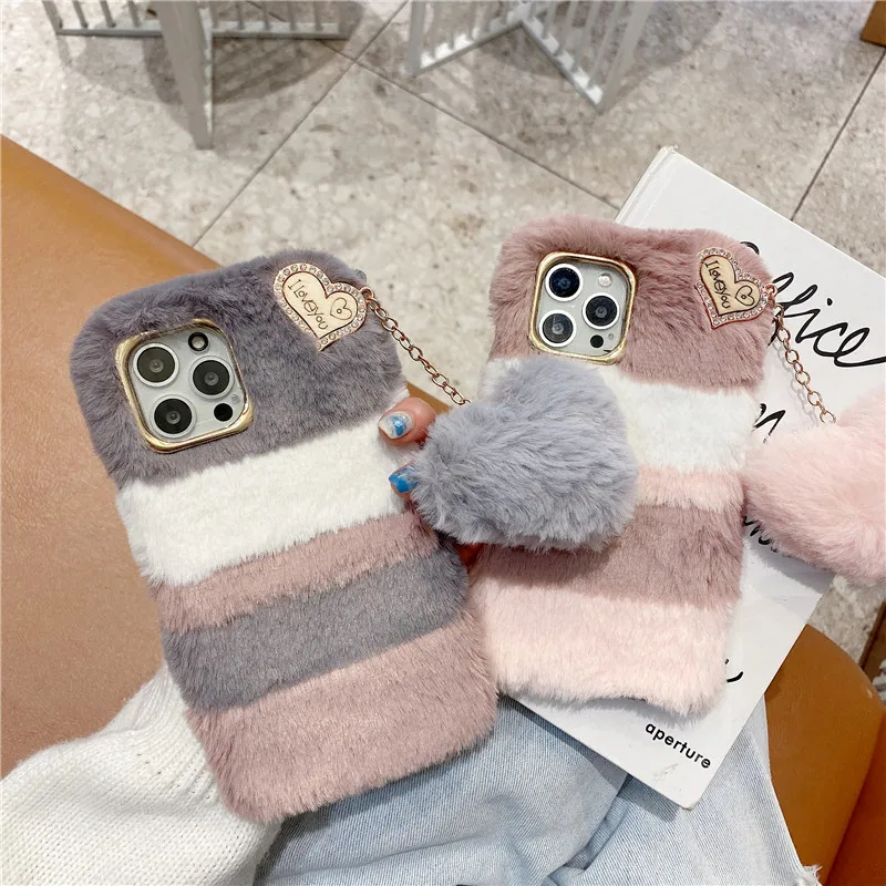 Pendant Plush Case For iPhone 15 14 12 11 Pro Max XS Max XR X 13 Luxury Rabbit Furry Fluffy Soft Cover For iPhone 6 7 8 Plus SE2