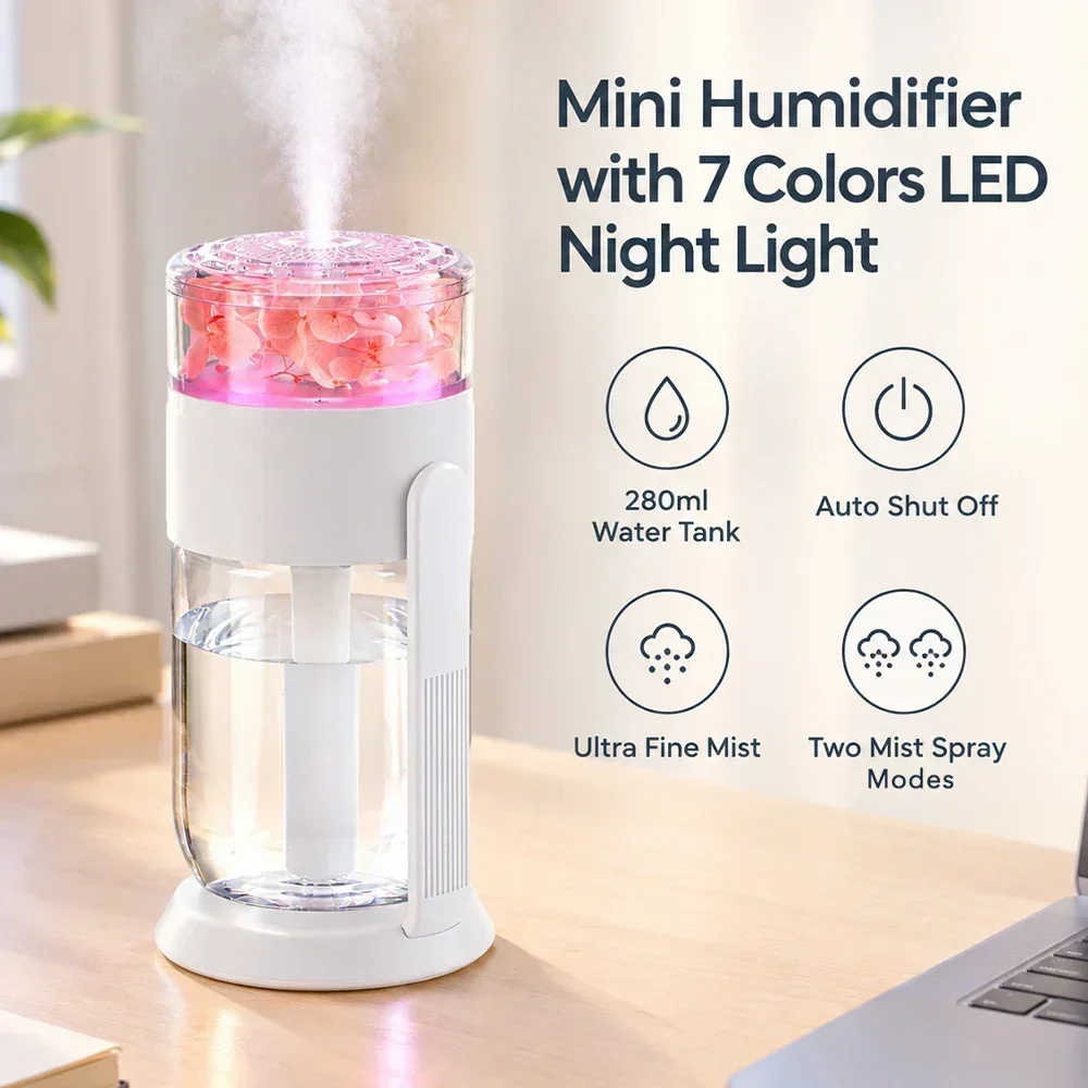 USB Preserved Flower Humidifier, Continuous & Intermittent Mist, Quiet with Auto Shut-Off, LED Night Light for Bedroom Car, Gift