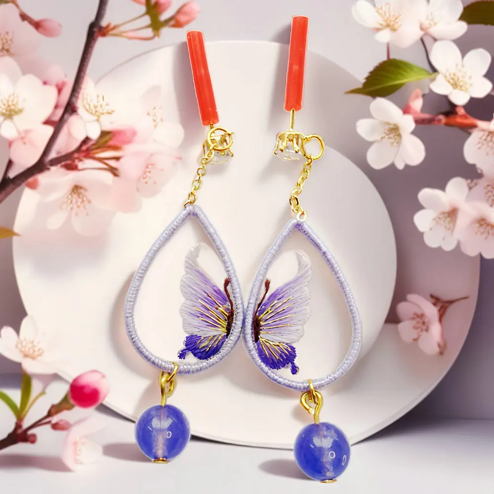 Oriental Aesthetic Women Purple Hand Embroidered Earring With Butterfly Wings Pattern Stitch Eardrop Chic Ear Wear Accessories