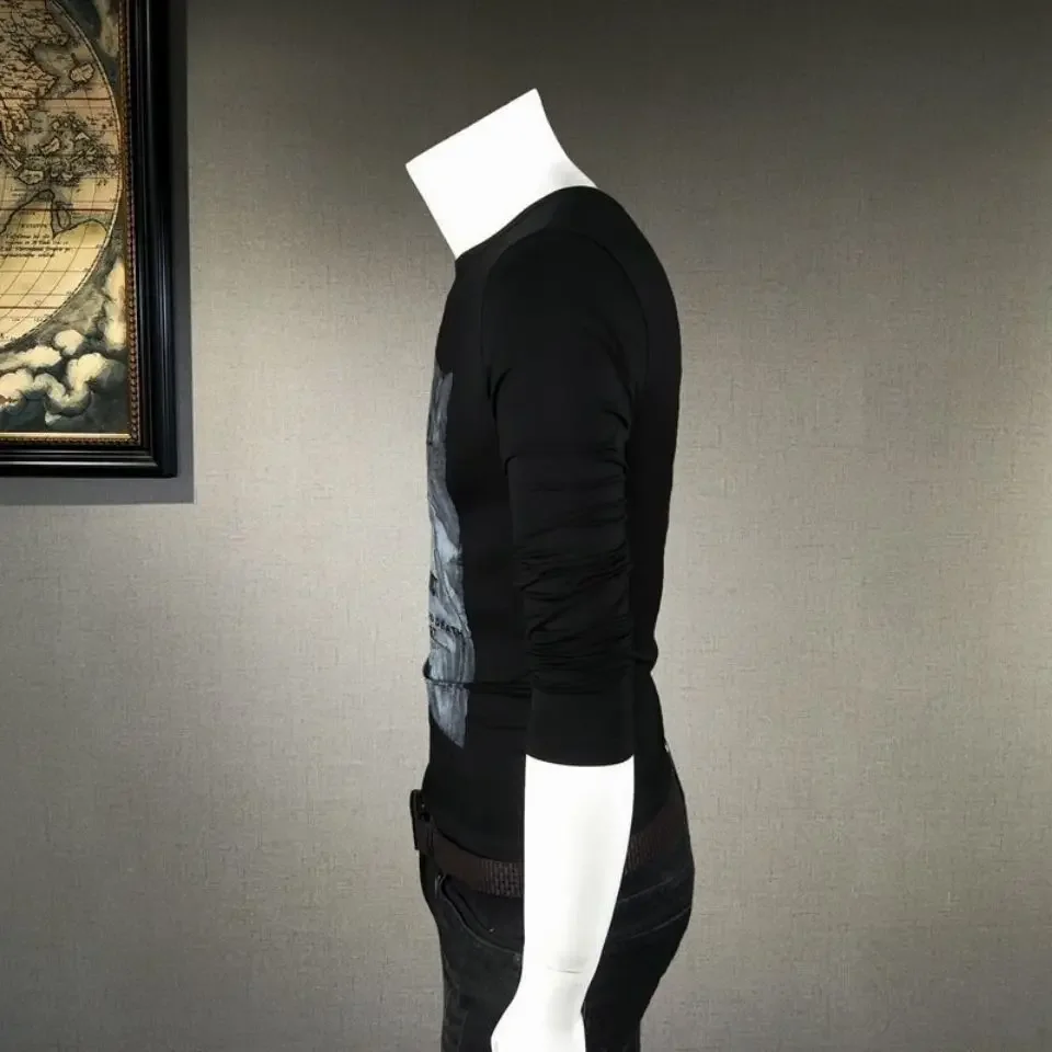 Korean Autumn Man Pullovers Tight T Shirt for Men Long Sleeve Slim Fit One Piece 90s Vintage Sweatshirts Tshirt Social Aesthetic image 4