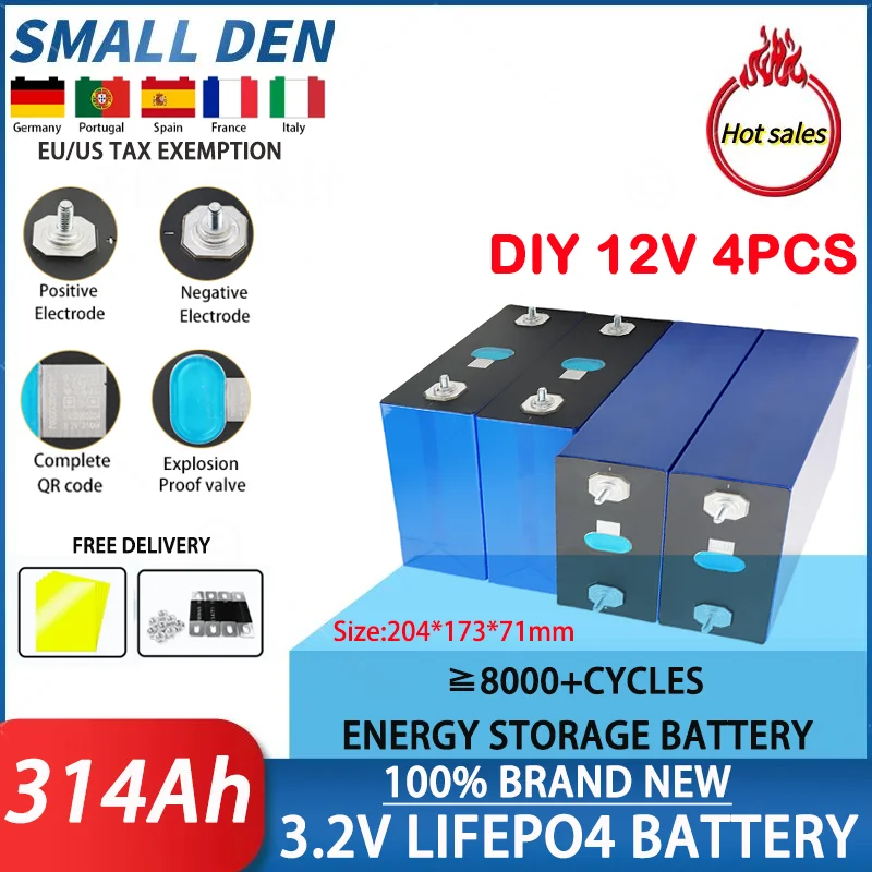 4 pieces EVE 3.2V 314AH Grade A rechargeable lithium iron phosphate batteries with free solar bus DIY12V 48V li-ion battery pack