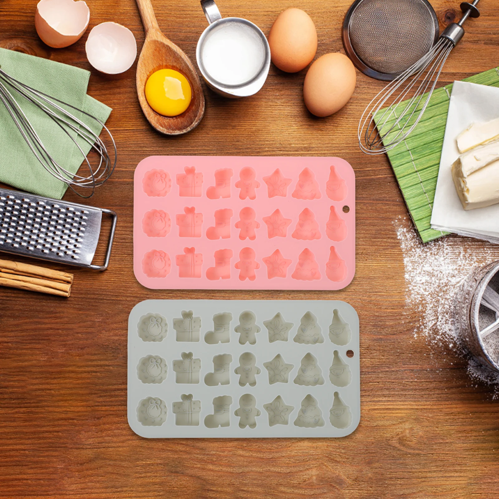 

2Pcs 3D Christmas Baking Molds 21 Cavity Silicone Xmas Theme Cookie Chocolate Mold Non-Stick Festive Pastry Kitchen Tool
