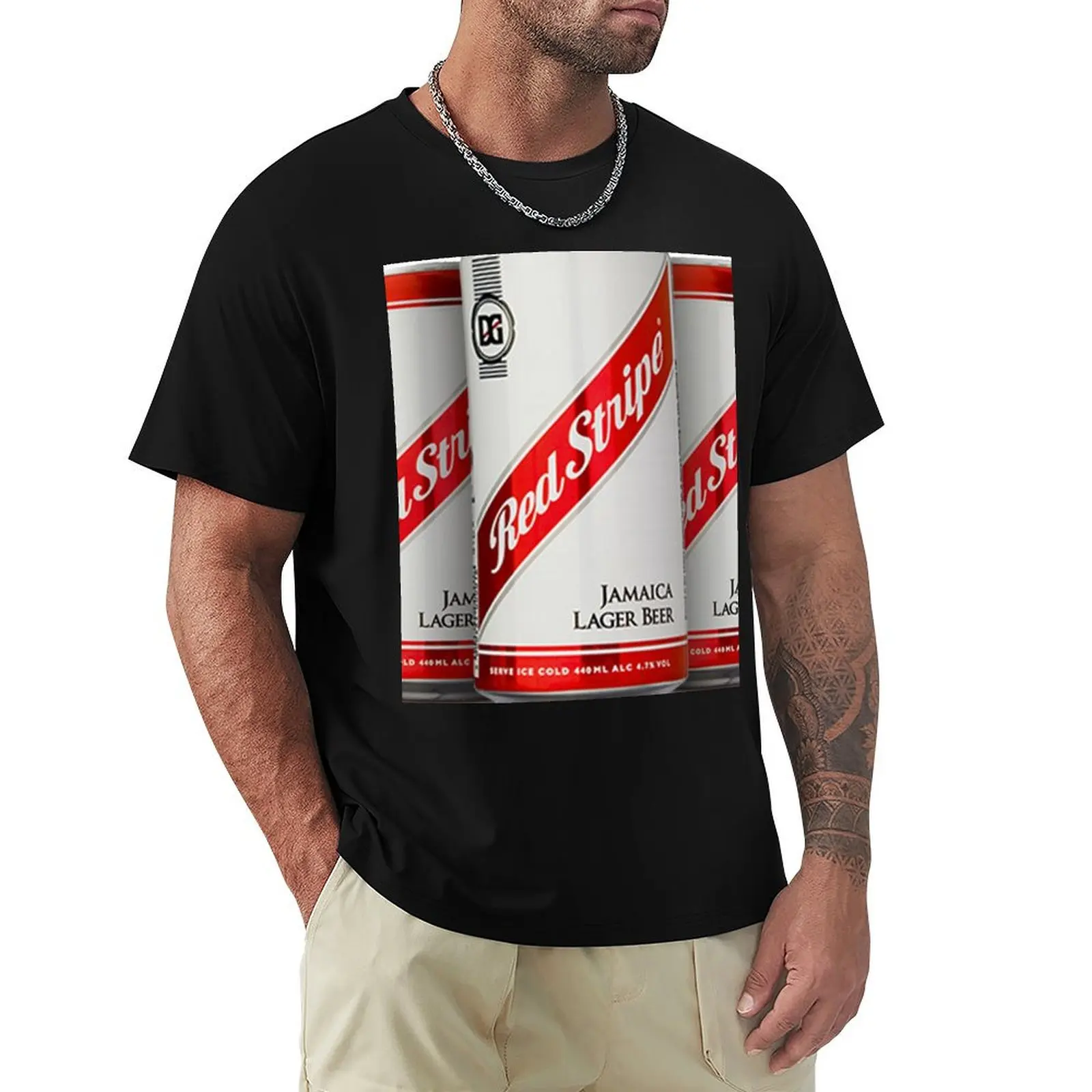 Red Stripe Three Lager Cans T-Shirt Art Pattern Printed Casual Top