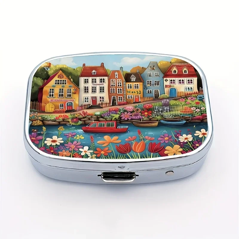Square Pill Box, with Riverside Cottage Design, Dual Compartment Design, Unscented, Suitable for Travel or for Placing in a Wallet or Portable Bag, Can Be Used as a Decorative Item or as a Multifunctional Vitamin Storage Box, Sealed and Moisture-Proof for Family Travel, Unique Small Gift