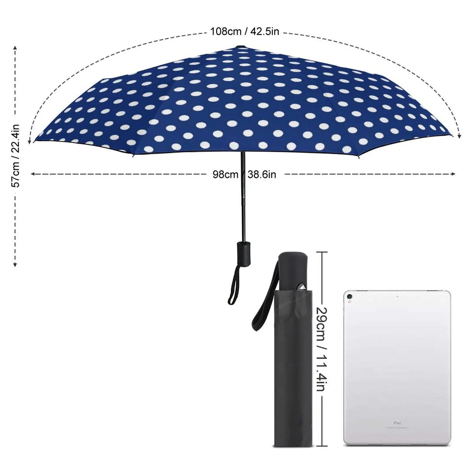 White Polka Dots 3 Fold Auto Umbrella Classic Dot Print Portable Umbrella Wind Proof Carbon Fiber Frame Umbrellas for Men Women