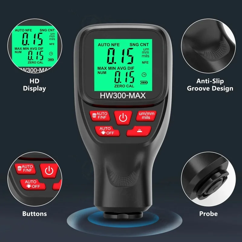 HW300-MAX Car Paint Film Thickness Gauge Meter 0-2000UM Coating Thickness Tester Manual Automotive Paint Tools Digital Backlight