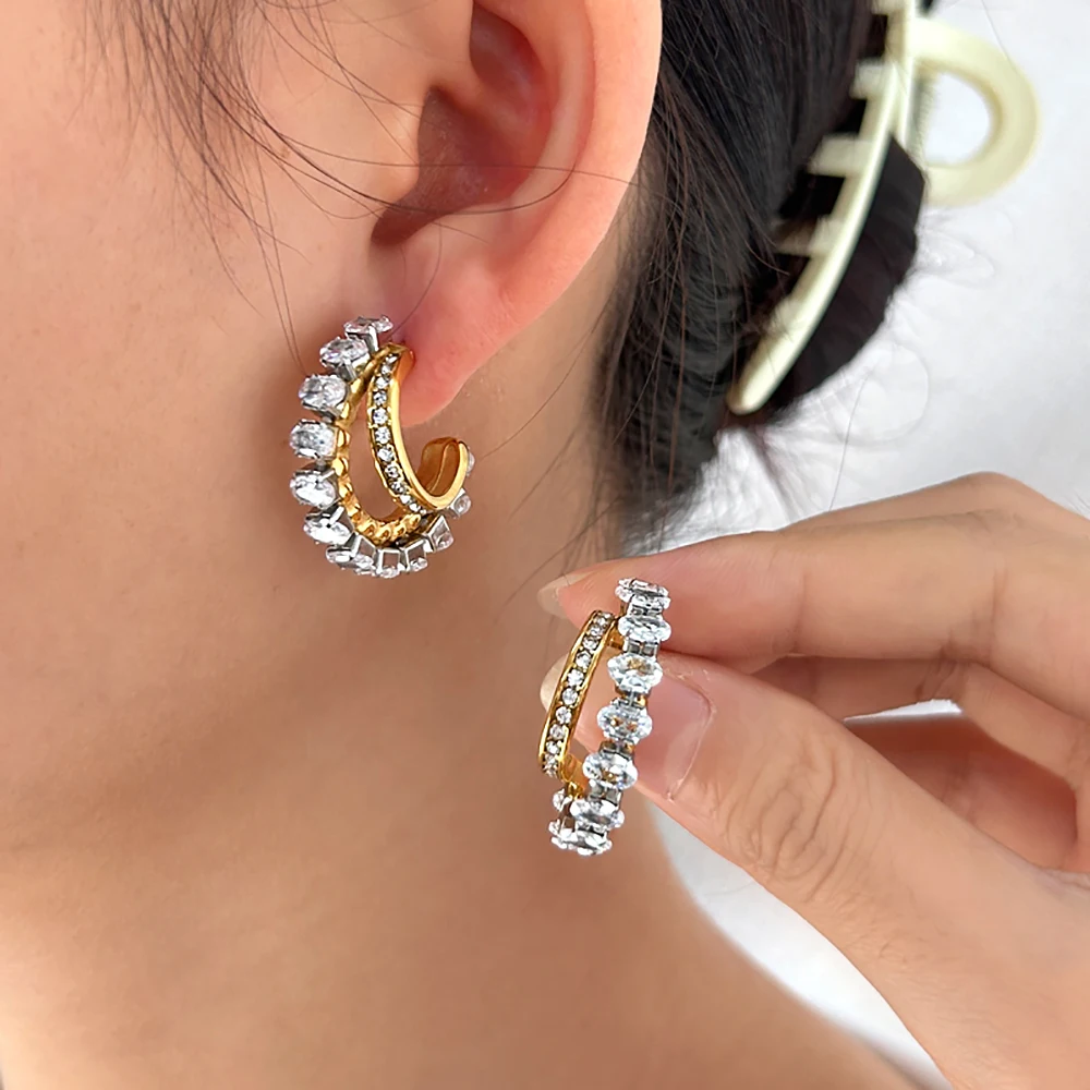 Shiny Bling White Zirconia Stainless Steel Ear Stud Luxury Irregular C Shape Hoop Earrings Golden Ear Jewelry Anti Allergic