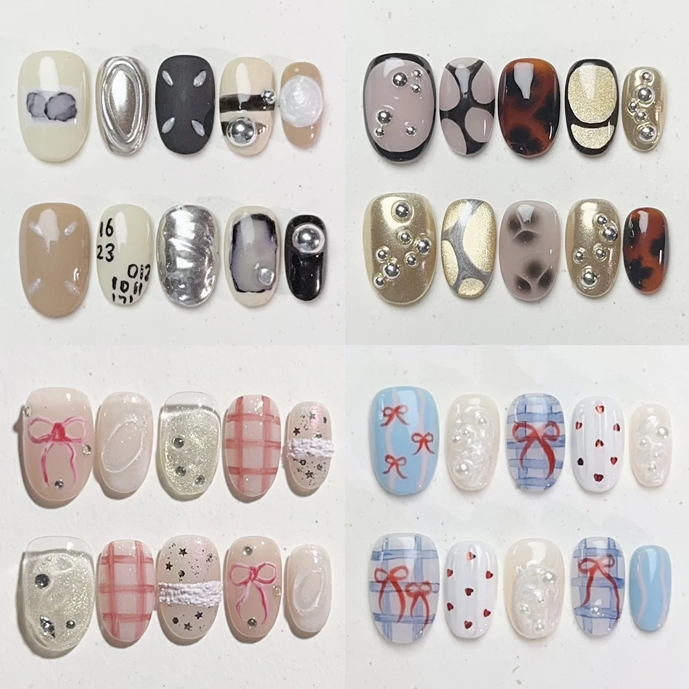 Beautiful Short Square Ellipse Handmade Detachable Full Cover Nails Cat Eyes Bowknot Pearl Diamond Flower Stars Press On Nails