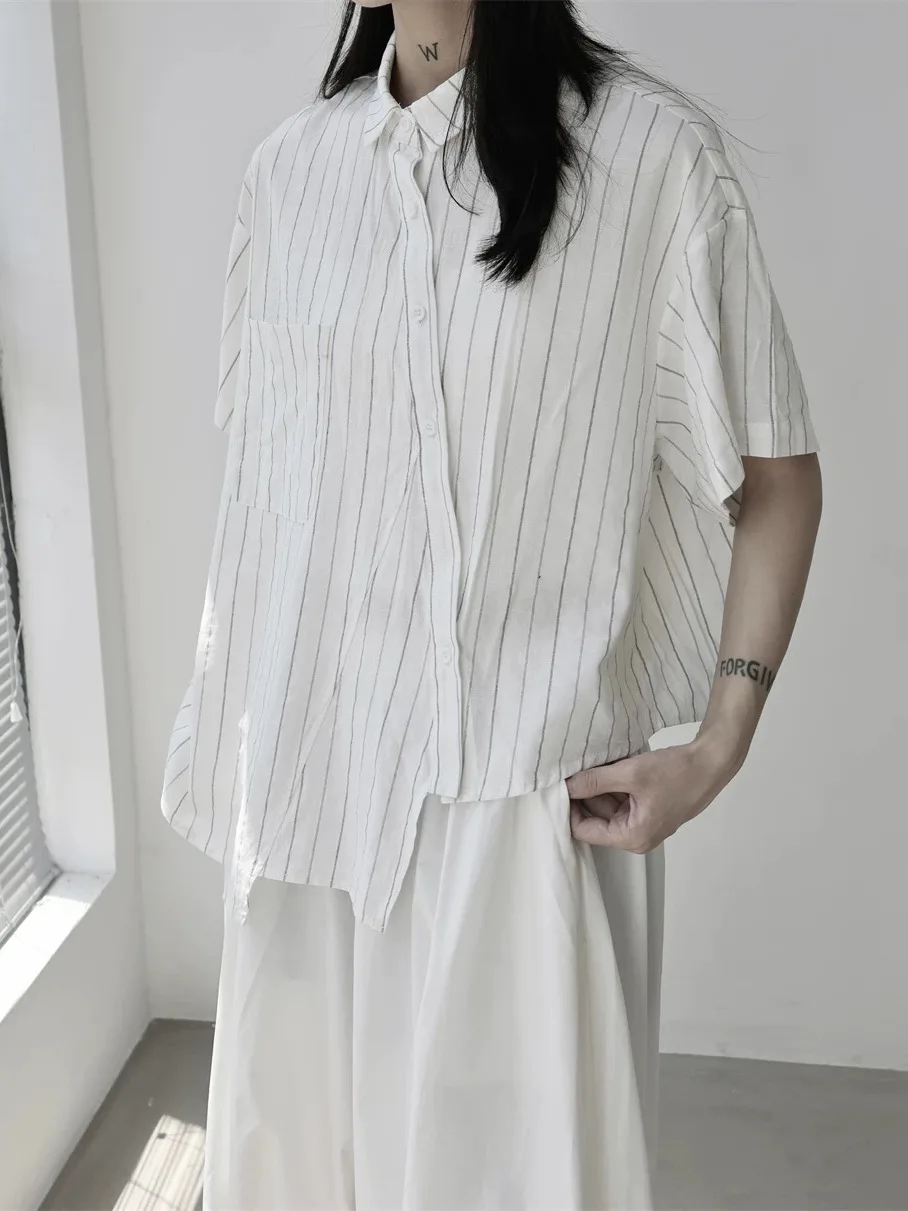 

Spring Summer 2026 Asymmetric Stripe Design Japanese Style Loose Women's Shirt Custom Tailoring Collar Short Sleeve Cotton