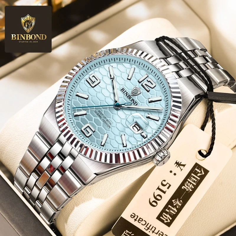 

BINBOND 8181 Brand Genuine High-end Men's New Quartz Watch Concept Large Dial Calendar Waterproof Steel Strip Watches for Man