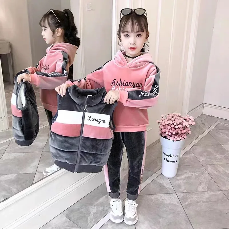 2023 winter girls tracksuit Autumn Toddler Teenager Clothes velvet jacket vest + hooded + strip Pant Children Kids 10 11 12 year