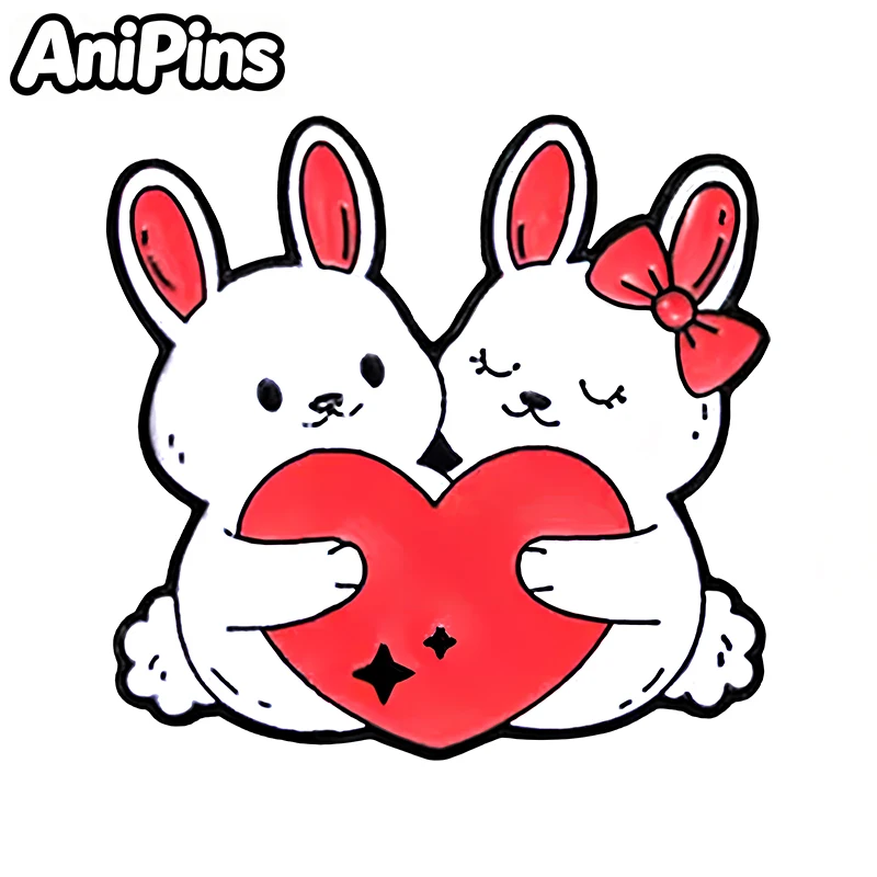 AniPins Lovely Heart Animal Pins 4-design Enamel Rabbits Foxes Cats Penguins Lovers Valentine's Day Brooch Pin Gifts