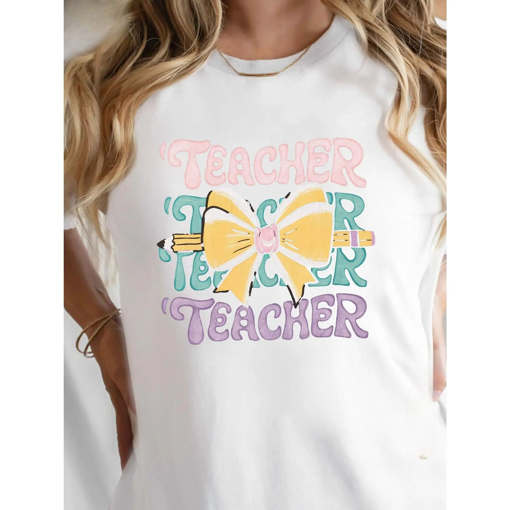 

Teacher Appreciation Gift T-shirt Pink Blue Purple Letters Top Cute Bow & Pencil Graphic Casual Summer Tee Back to School Outfit