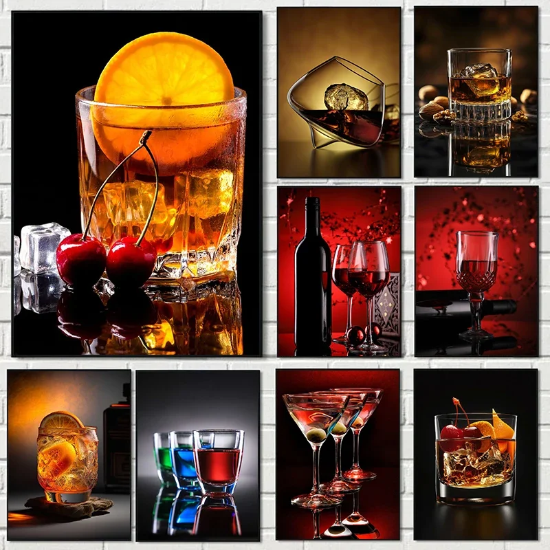 Modern Minimalist Fashion Premium Cocktail Whiskey Red Wine Glass work Aesthetics Canvas Painting Modern Home Decor