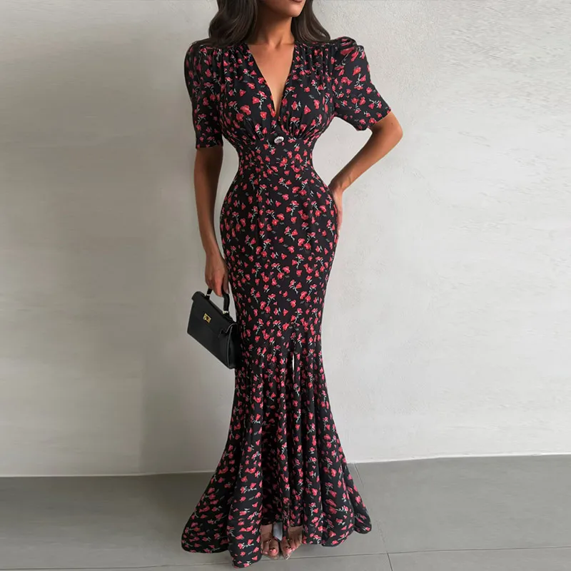 Elegant Women's Floral Printed Dress Slim V Neck Short Sleeve Waist Cinching Long Fishtail Dresses 2026 Summer Lady Party Robes