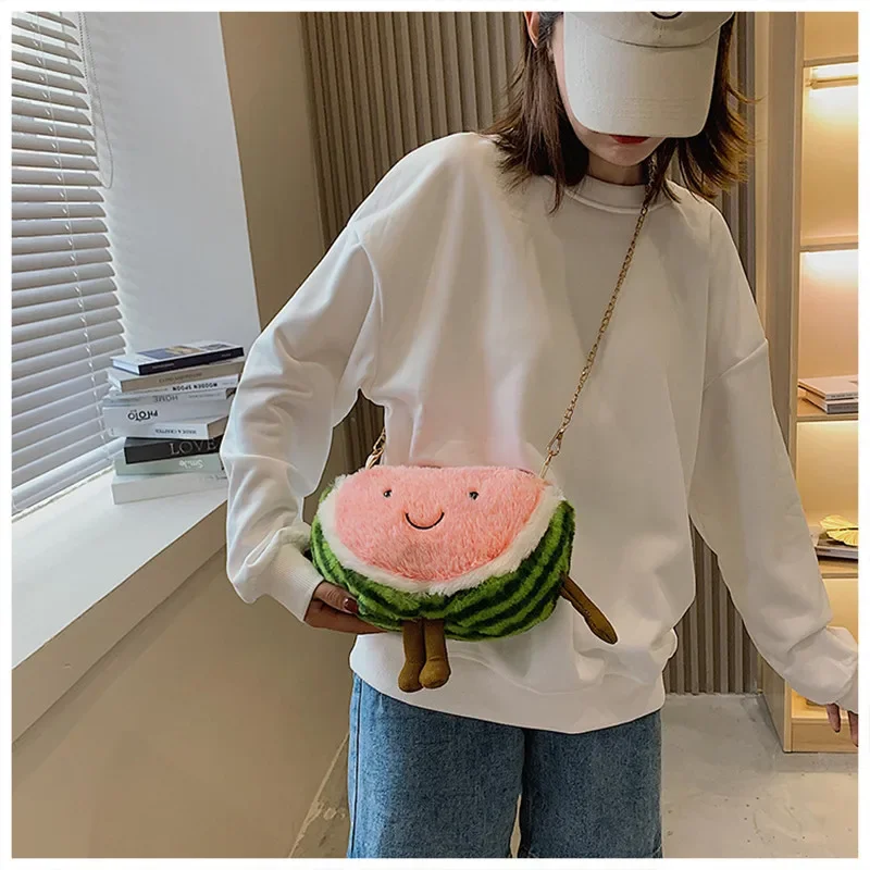 New women plush watermelon doll shoulder bag Ladies peach cute cartoon crossbody bag girl funny mobile phone bag