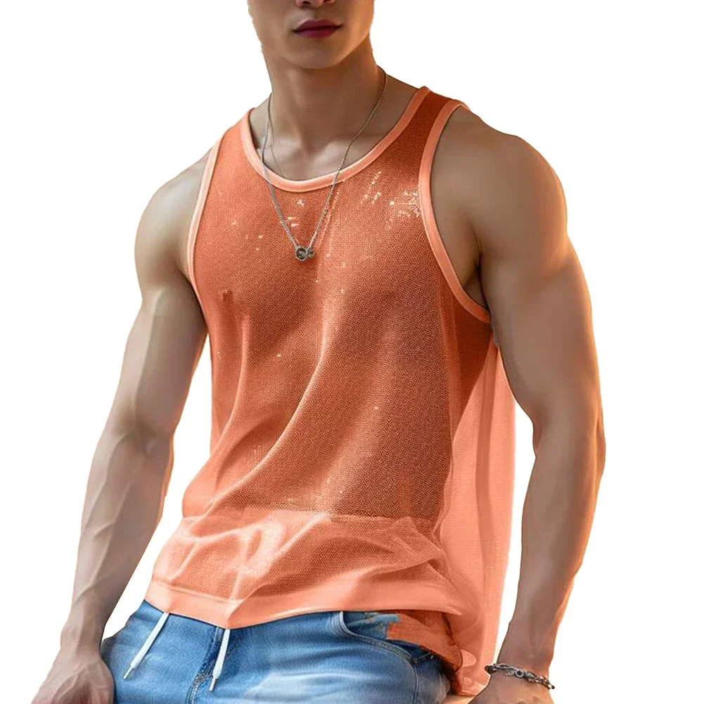 Men See-through Mesh T Shirt Crew Neck Tank Tops Sleeveless Vest Party Nightclub