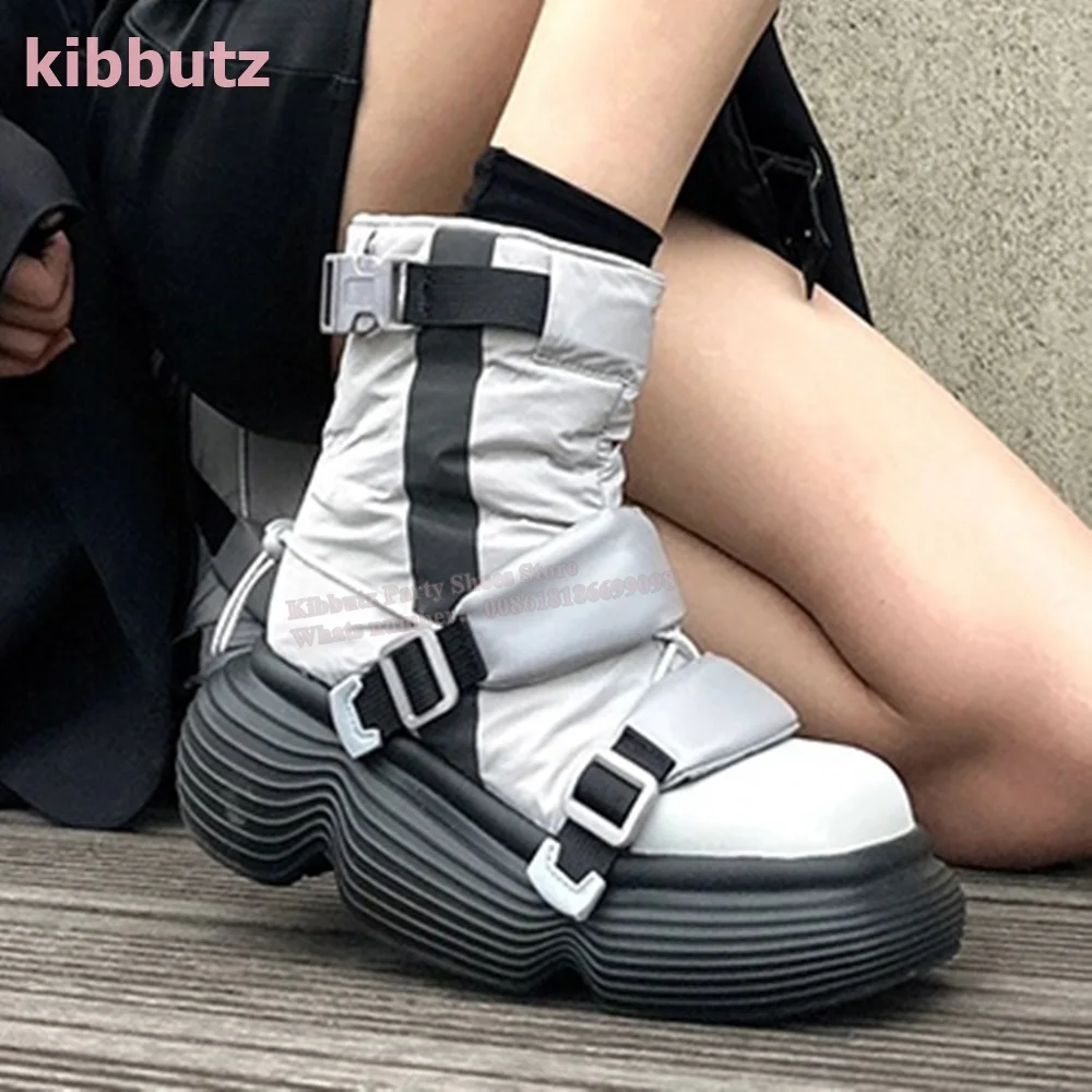 

Feather Snow Boots Warm Waterproof Thick Bottom Round Toe Mixed Color Belt Buckle Biker Style Concise Sexy Fashion Shoes Newest