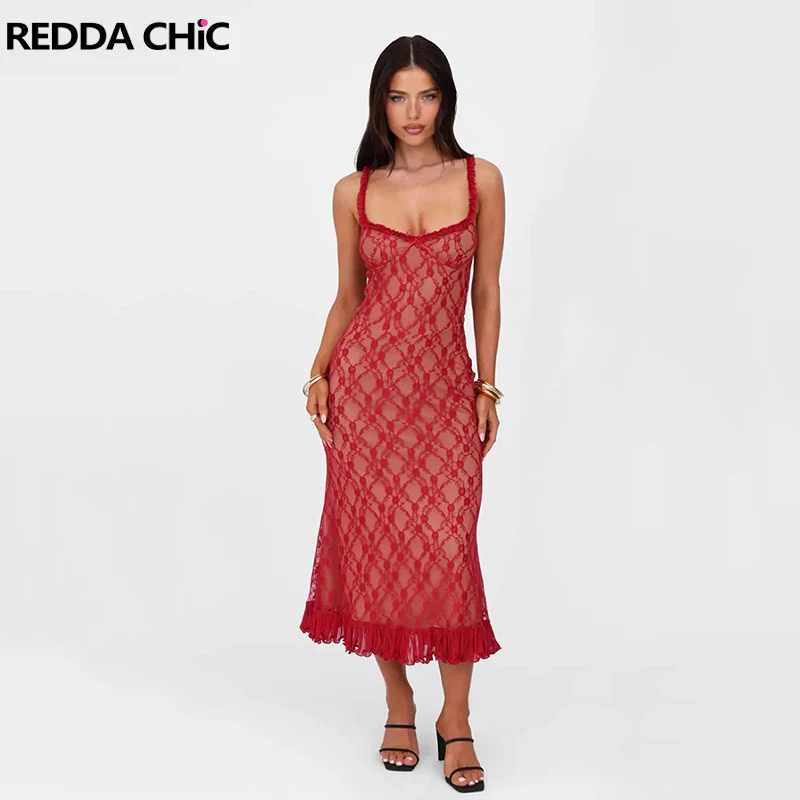 REDDACHiC Robe Camisole en Dentelle Florale pour Femme Été Chaud Extensible Bowknot Col en V Ourlet à Volants Robe Longue Midi Beach Night Clubwear