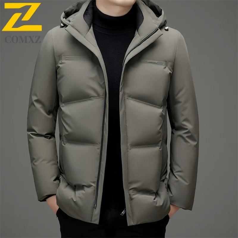COMXZ Mens Down Jacket Classic Hooded Outdoor Office Cold Protection Parka Business Casual Lightweight Autumn Winter Coat