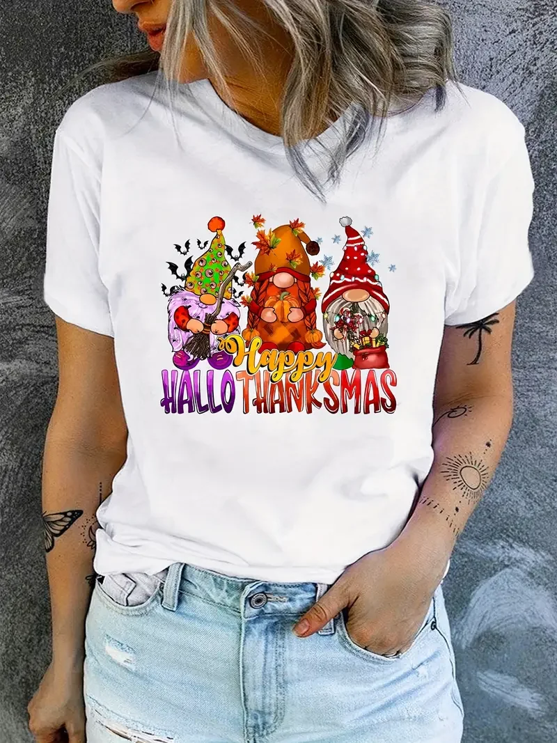 

Happy Hello Thanksmas Graphic Funny T-Shirt Women Summer Fashion Harajuku Casual O-Neck Short sleeve Original design tops tee
