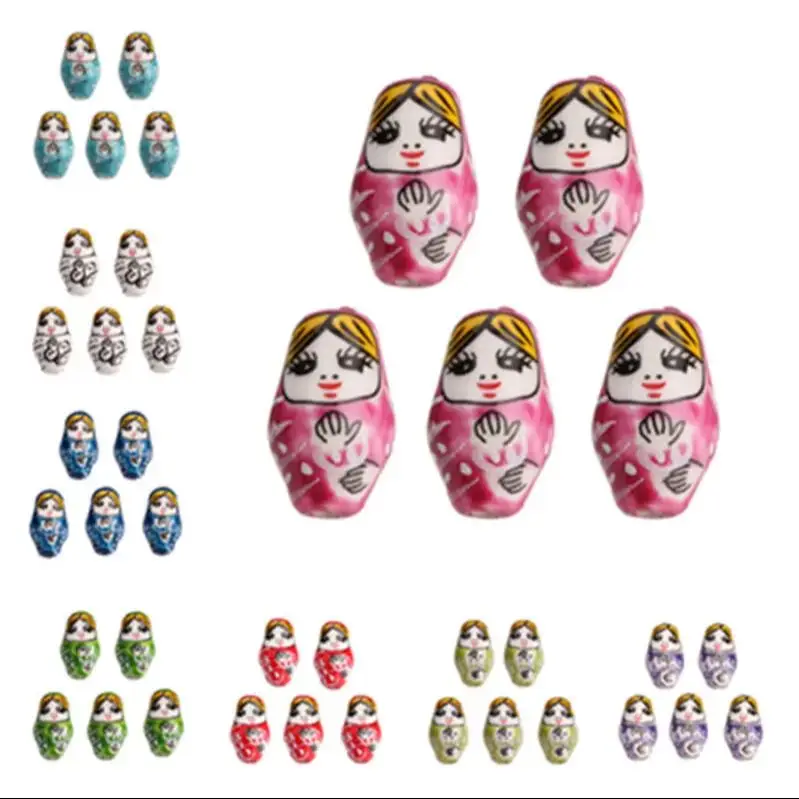 10Pcs Handmade Crafts Spacer Bead Ceramic Porcelain Russian Doll Loose Beads Jewelry Making DIY Findings