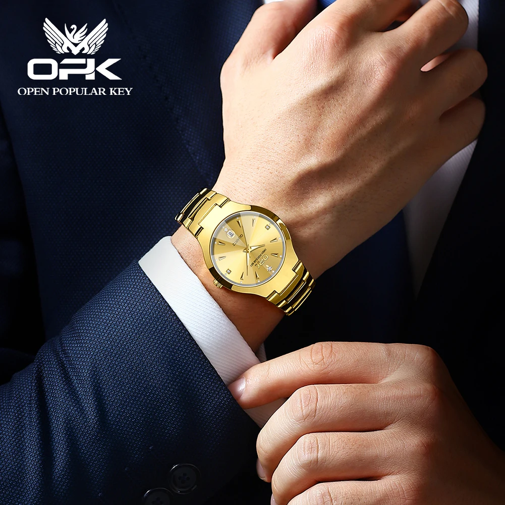 OPK Men's Quartz Watch Tungsten Steel Rhombus Mirror Waterproof Luminous Men's Watch Original All Gold Calendar Men's Watch