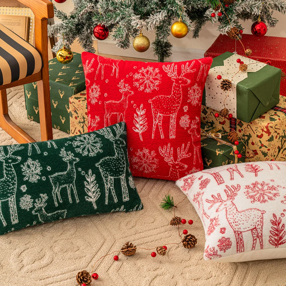 

Nordic Plush Christmas Cushion Cover Christmas Tree Deer Jacquard Embroidery Decorative Pillowcase Festival Home Cushion Cover