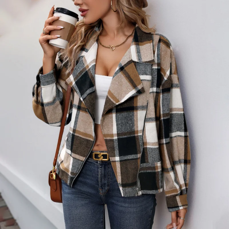 

2025 New Autumn and Winter Retro Sanding Cardigan Lapel Plaid Coat