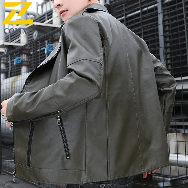 COMXZ رجل بولي Leather سترة جلدية جديدة فاخرة أنيقة دعوى طوق الدراجات معطف جلد العصرية ضئيلة يندبروف ربيع الخريف ملابس خارجية #6