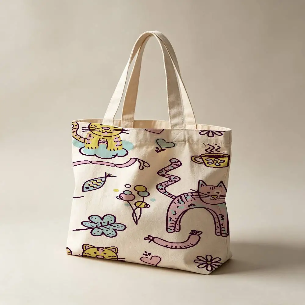 Cut Cat Aninal Waterproof Lining Canvas Tote Bag Large Capacity Reusable Shopping Bags Casual Student Daily Handbag