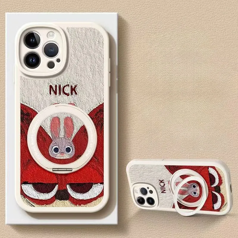

Suitable for Iphone Zootopia Nick and Judy Oil Painting Phone Case with Rotating Stand Lambskin Texture Soft Cover for IPhone