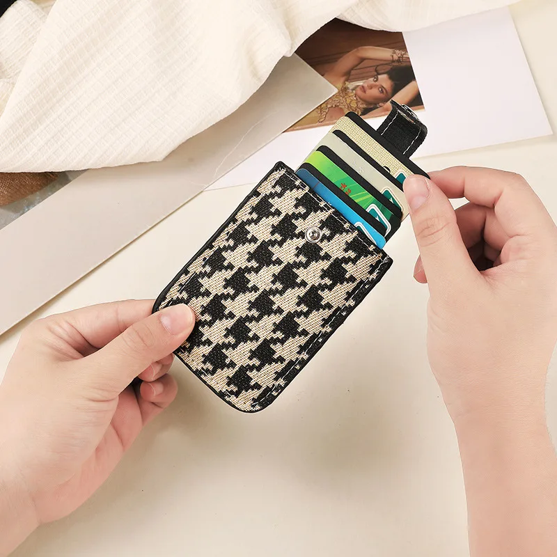 Vintage Houndstooth Card Holder, Snap Button Portable Wallet, Simple Fabric Small Card Pouch for Student ID & Card Storage