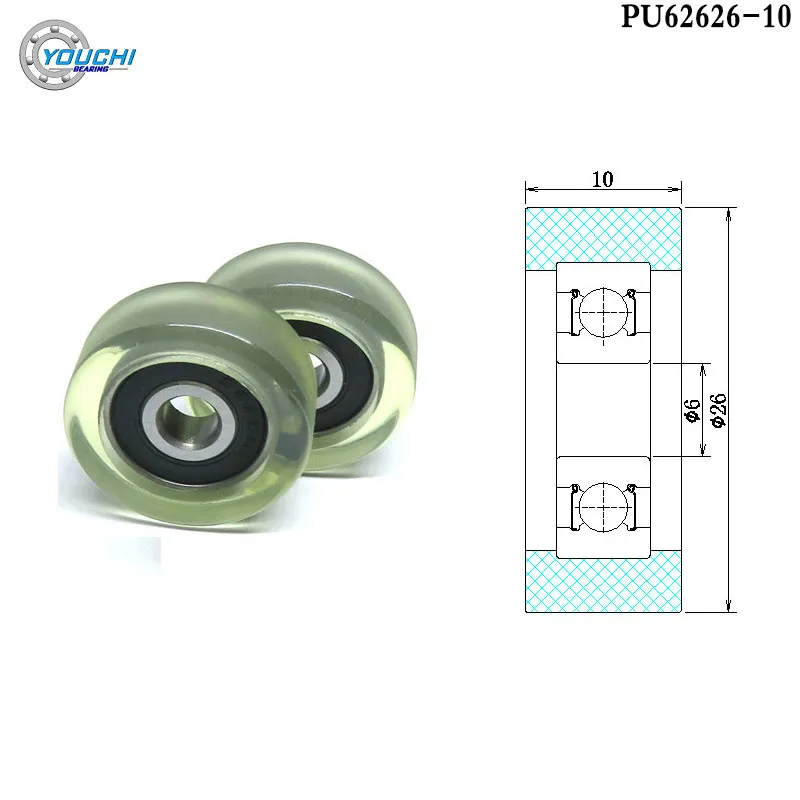 5pcs 6mm Bore 26mm Diameter PU Forming Bearing Pulley 6x26x10 mm PU62626-10 OD 26mm Soft Rubber Roller Polyurethane Coated Wheel