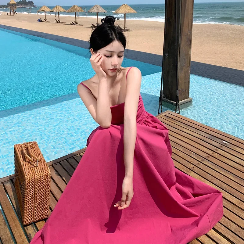 

Summer Women Backless Suspender Dress Rose Red Camisole Long Skirt Tea Break French Style Waist Slimming Seaside Vacation Dress