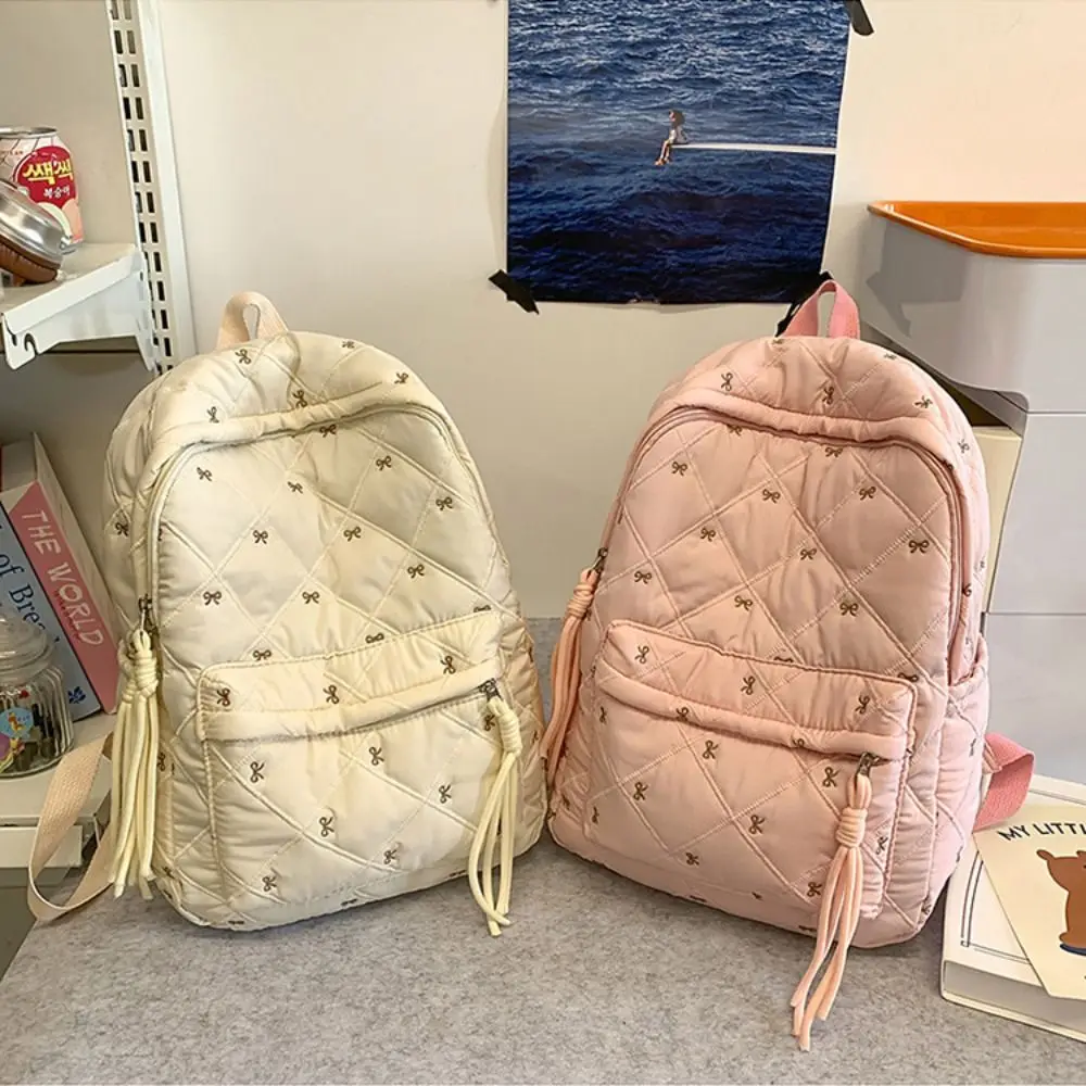 

Симпатичный рюкзак в стиле преппи с вышитым бантом, легкий нейлоновый рюкзак с вышивкой, вместительный школьный рюкзак для студентов на каждый день