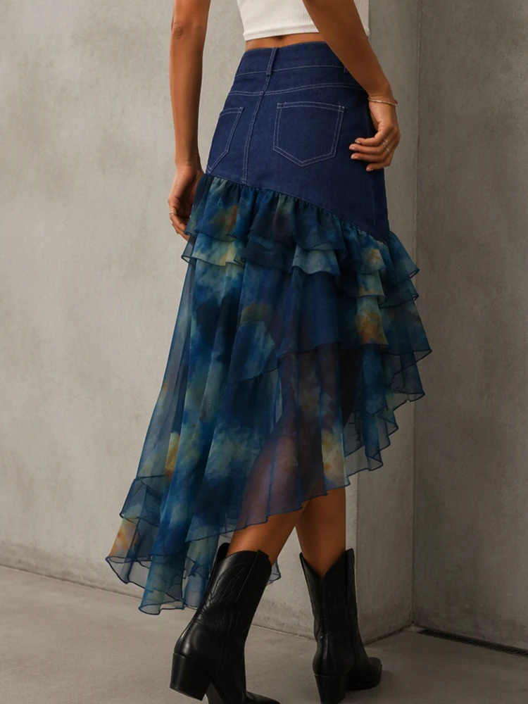 Women Vintage Denim Midi Skirt High Waist Tie Dye  Patchwork Chiffon Tiered Ruffle Irregular Asymmetrical Hem Summer Boho Skirt