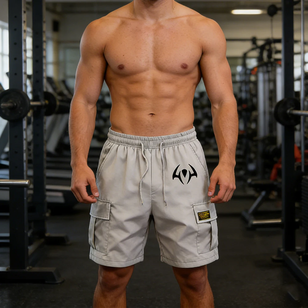 

Мужские повседневные черные шорты-карго в уличном стиле с накладными карманами и абстрактным символическим графическим принтом для активного отдыха, спорта и фитнеса