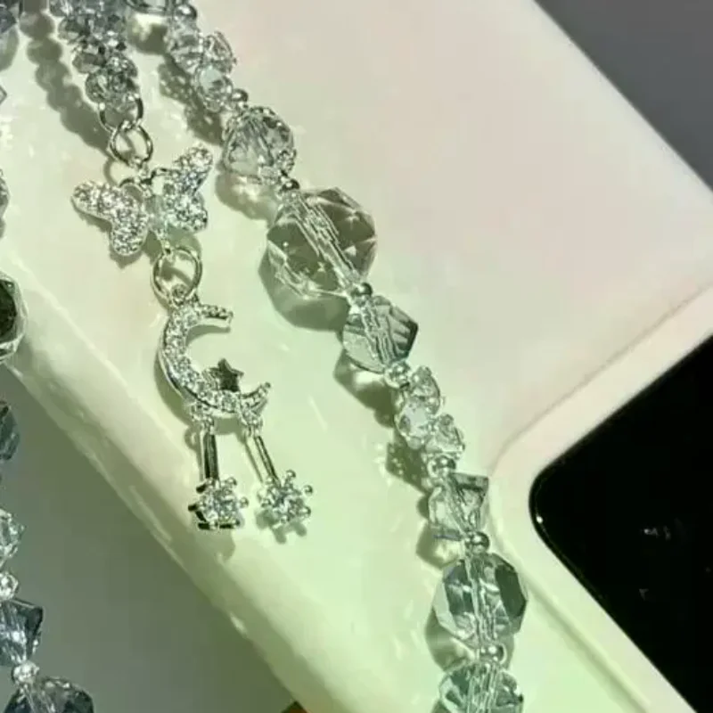 1Pcs Transparent Colorful Rhinestine Star Moon Phone Lanyard Handbag Charms Keychain Glitter Crystal Bead Pendant For Women