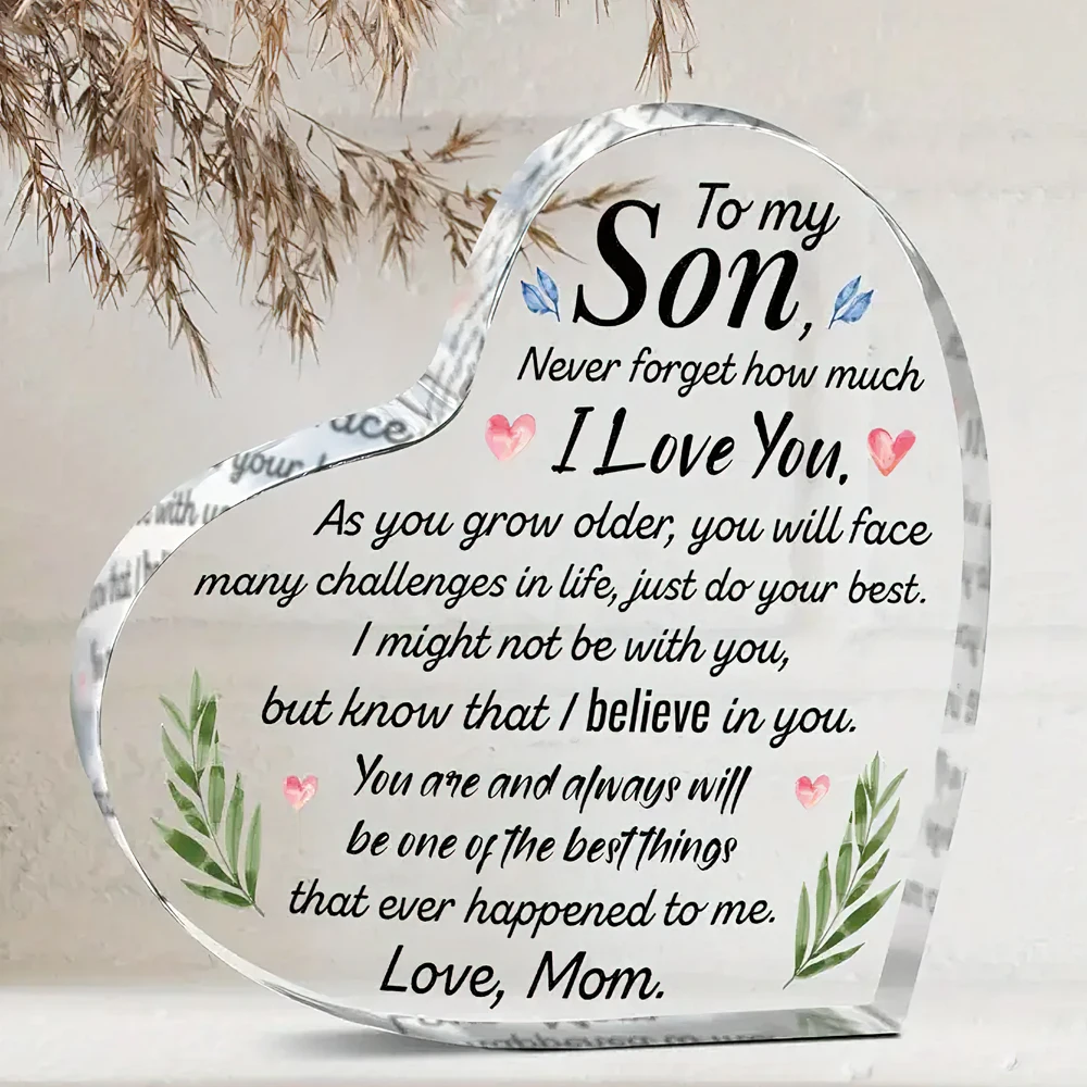 Transparent Acrylic Heart-Shaped Keepsake for Son - Love Message from Mom, Perfect Gift for Christmas, Thanksgiving, Mother's