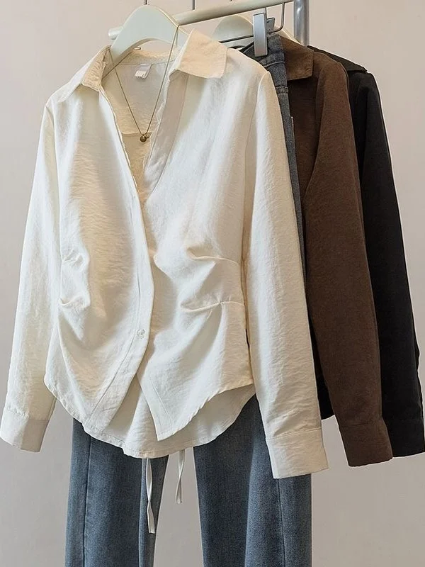 

Women's Long Sve Lace Patchwork irt V-Ne Waist-cinching Spring Autumn plus Size Irregular Tie Waist Top Commute Sle