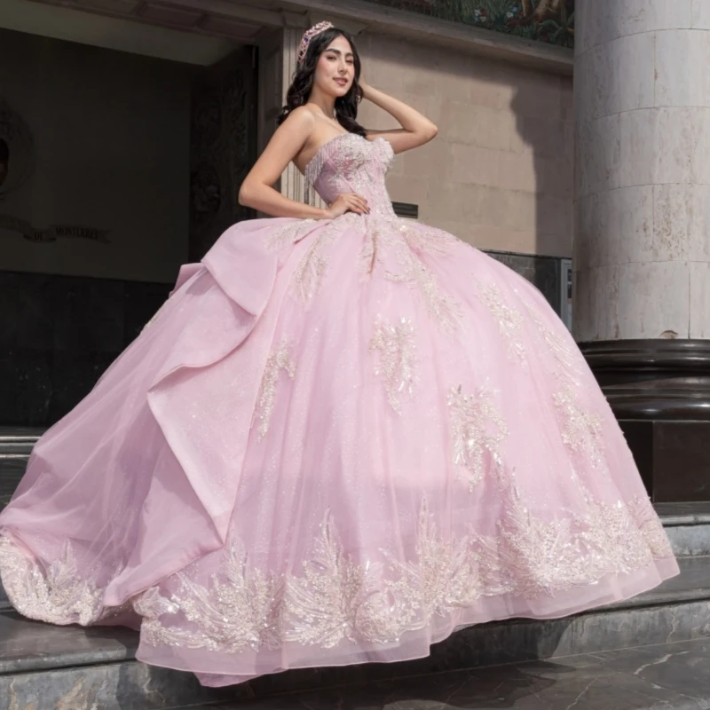 

Pink Shiny Ball Gown Quinceanera Dresses 2026 Sequin Applique Lace Beading Crystal Corset Tull Off Shoulder Sweet 16 Dress Years