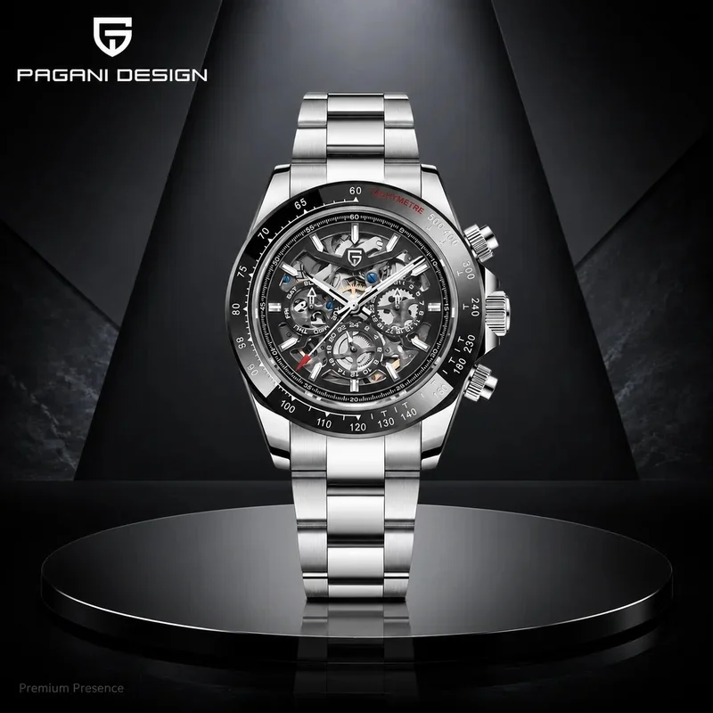 Pagani Design Hollow Men's Automatic Watch Top Sapphire Stainless Steel 100m Waterproof Men's Racing Mechanical Watch+Gift Box+F