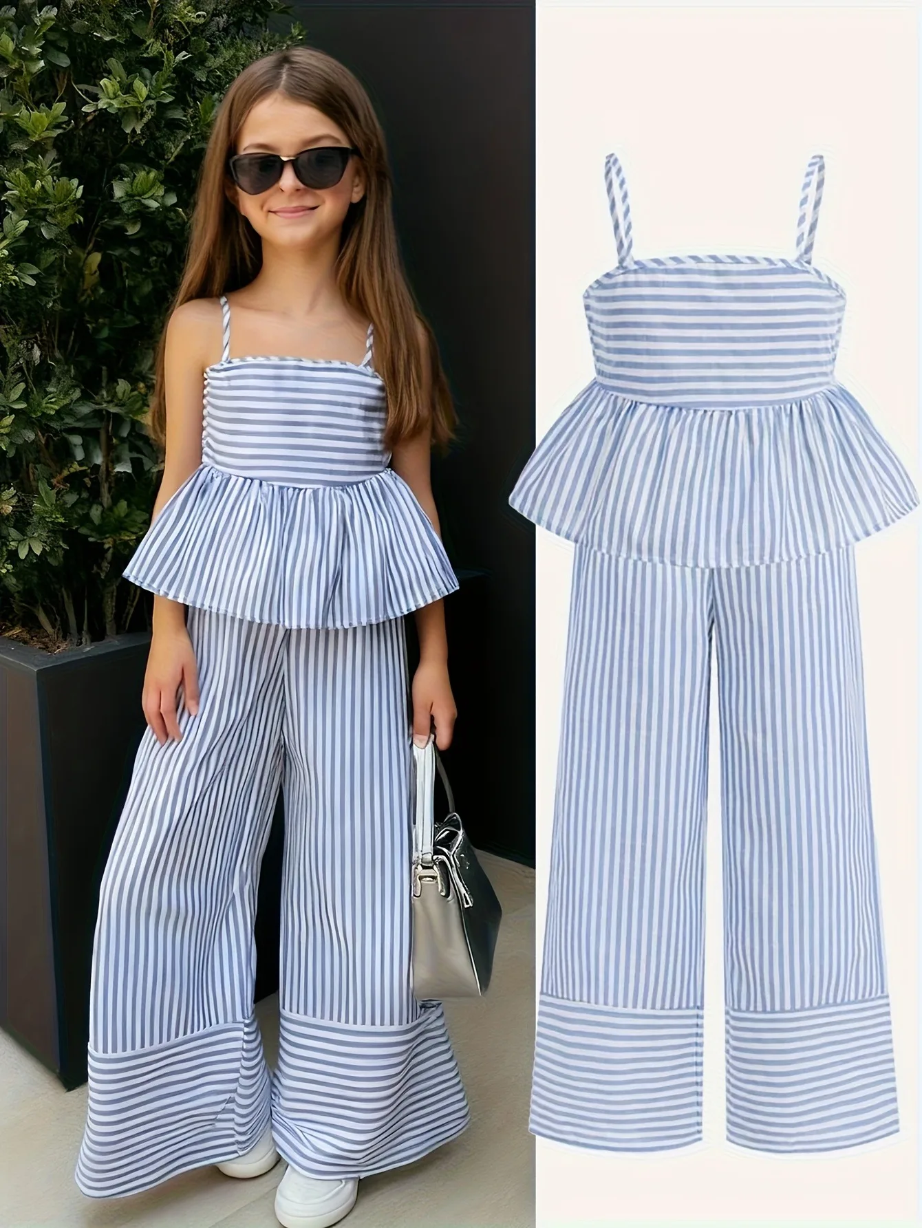 Conjunto infantil de 2 peças com alça espaguete listrada e calça de perna larga para meninas, roupa casual de verão preppy