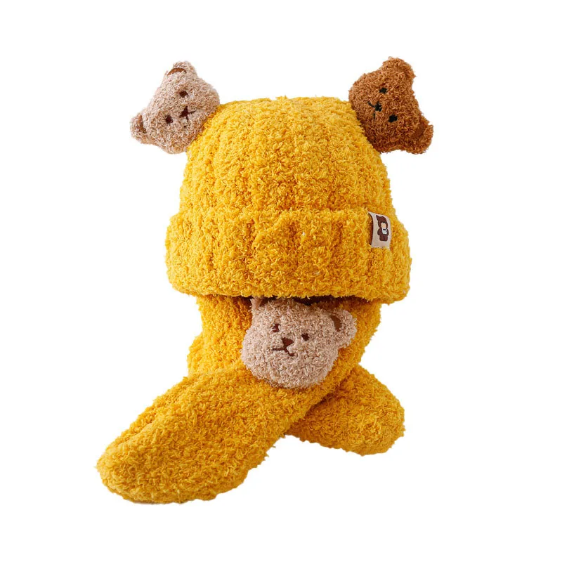 الشتاء الطفل أفخم قبعة 0-2T الكرتون الدب الرضع الفتيات قبعة ووشاح الحلو الدافئة الفراء مبطن قبعة طفل صغير