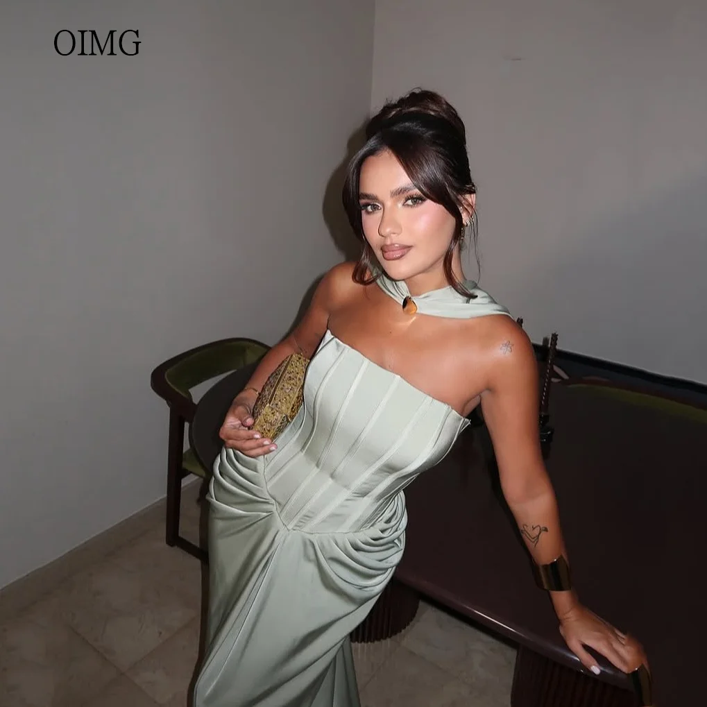

OIMG Modern Pea Green Mermaid Prom Gowns Strapless Pleated Party Gown Floor Length Evening Dress vestidos de gala Customized